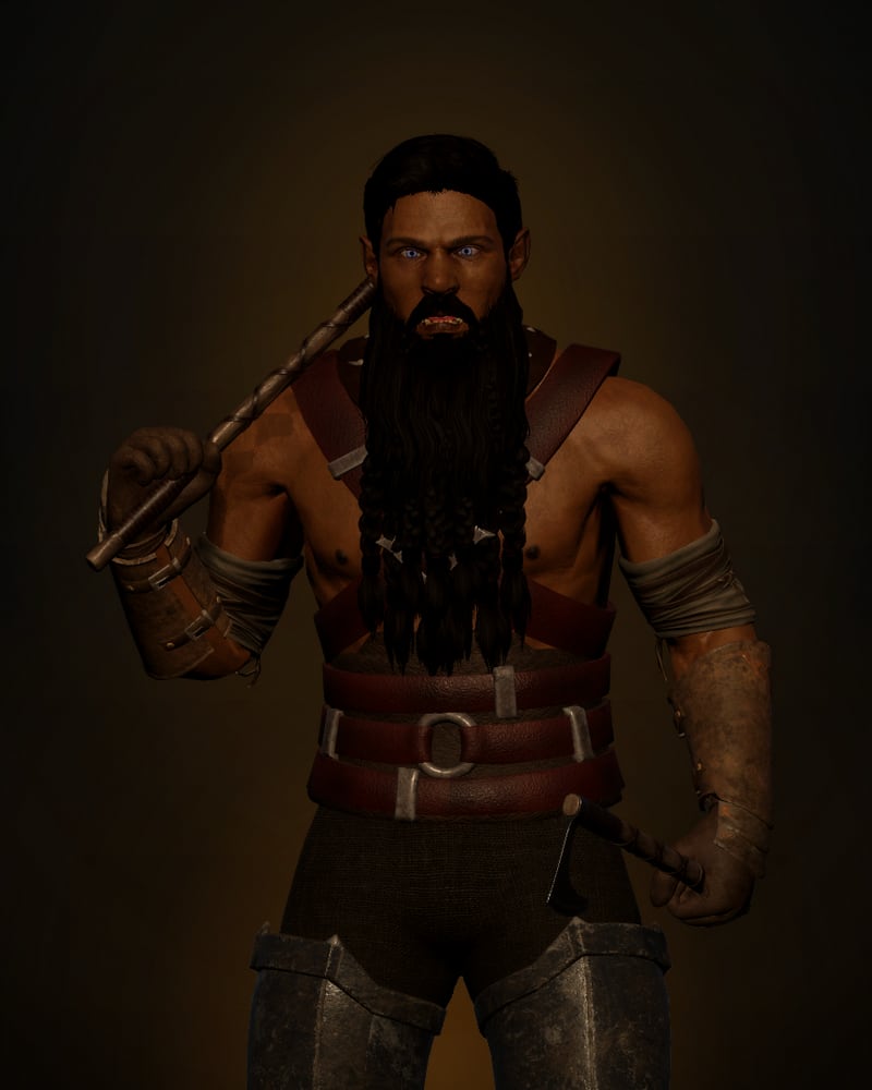 The Barbarian, bare-armed with a maul resting on one shoulder