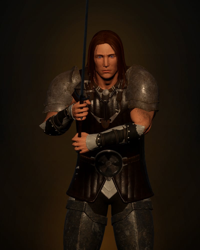 The Fighter, plated at the shoulders and holding a longsword upright