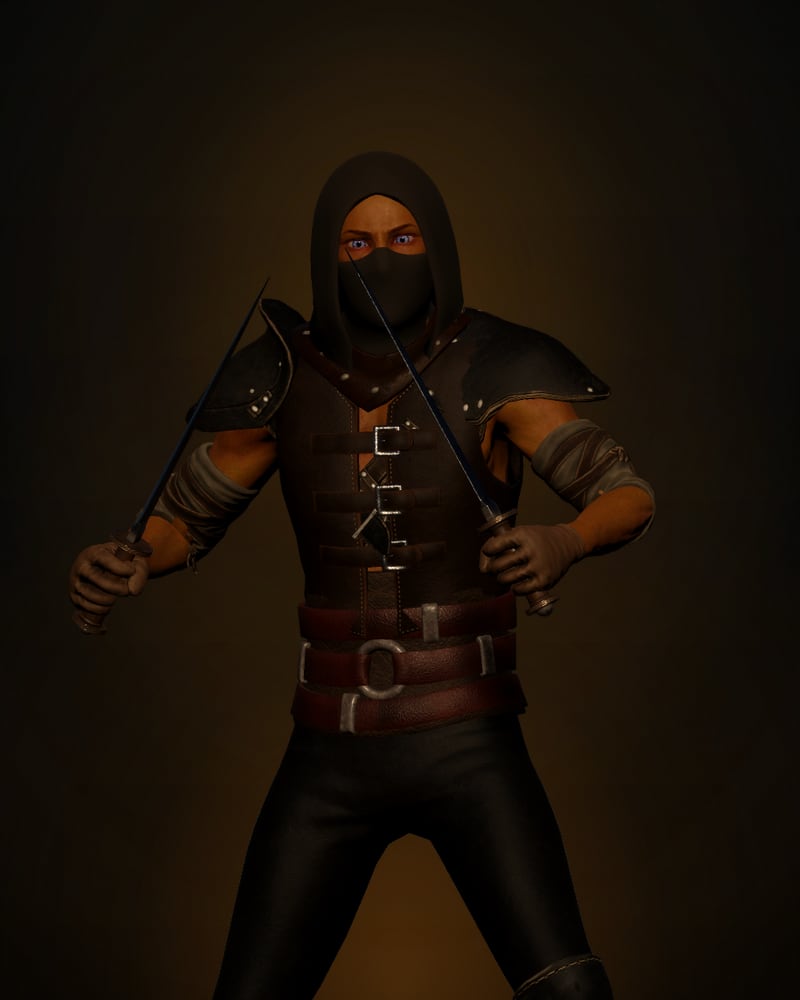 The Rogue, hooded and masked with a dagger reversed in each hand