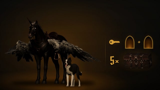 The Pegasus Mount, beside the Dog Pet, a key with two gates, and a stash chest marked five times