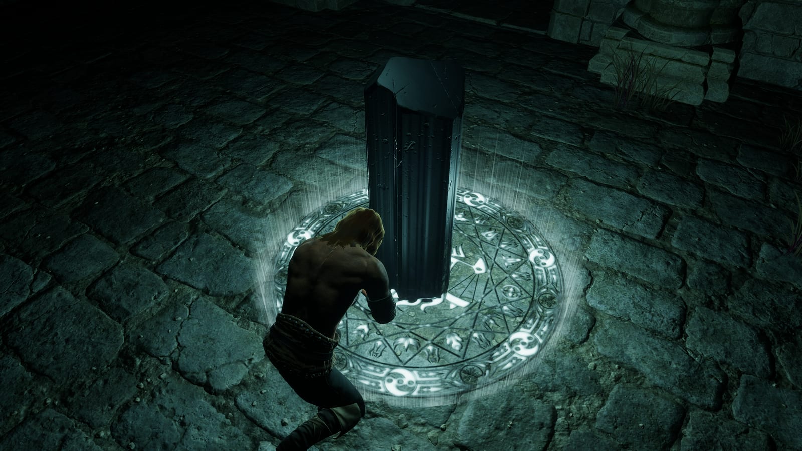 A character kneeling at the extraction pillar, a ring of runes burning cold around its base.
