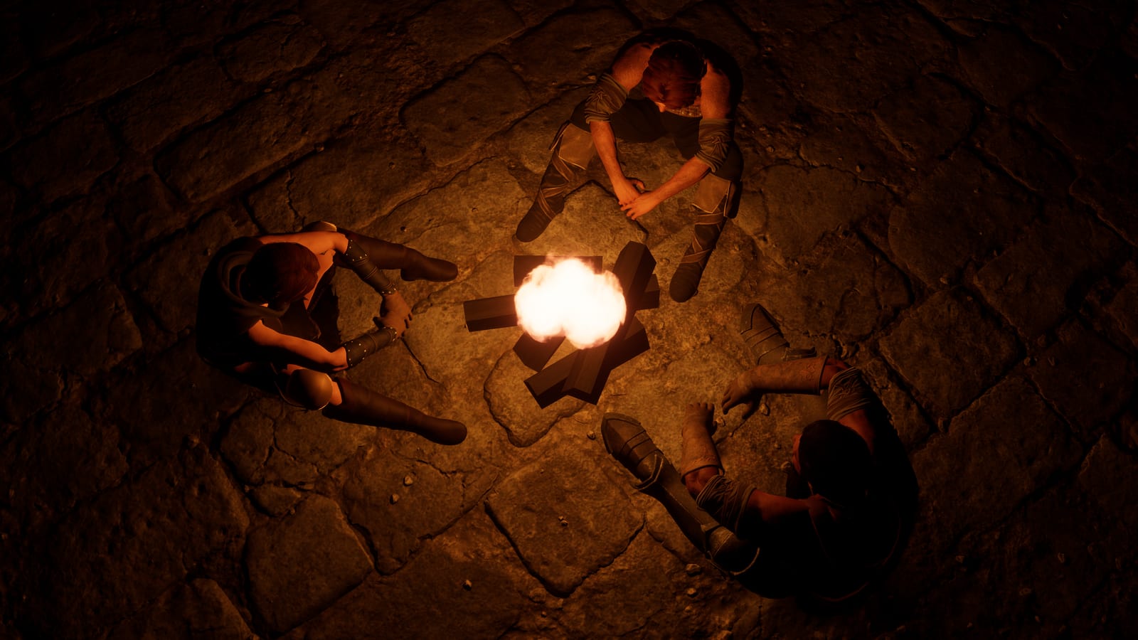 Three of a party sat around a fire on the flagstones, seen from above.